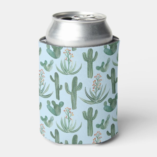 Saguaro Cactus Aloe Vera Succulent Watercolor Blue Can Cooler (Can Front)
