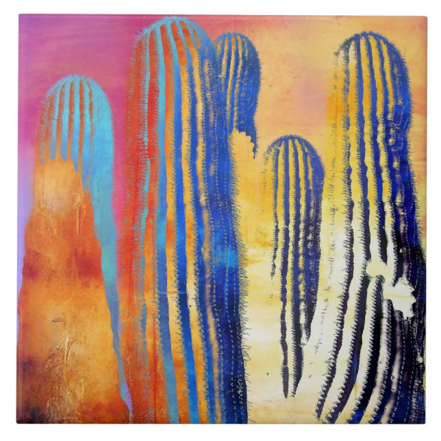 Saguaro Cactus Colourful Southwestern Desert Ceramic Tile (Front)