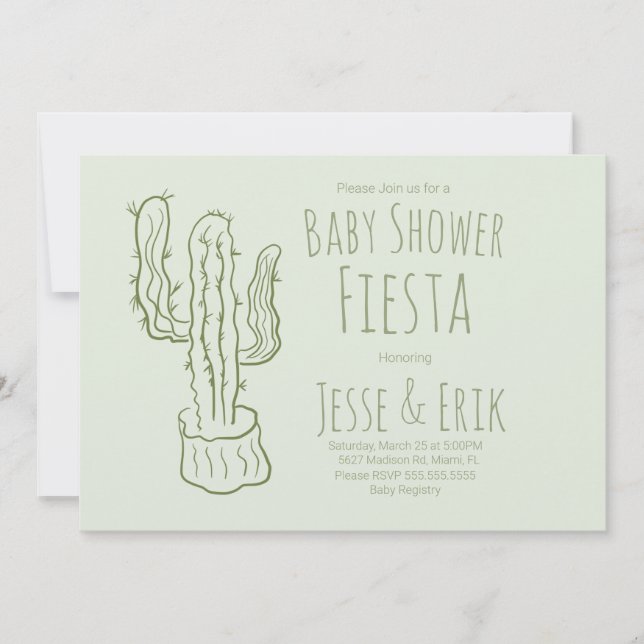 Saguaro Cactus Hand Drawn Green Baby Shower  Invitation (Front)