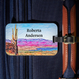 Saguaro Cactus Purple Mountians Blue Lake Arizona Luggage Tag