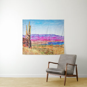 Saguaro Cactus Purple Mountians Blue Lake Arizona  Tapestry