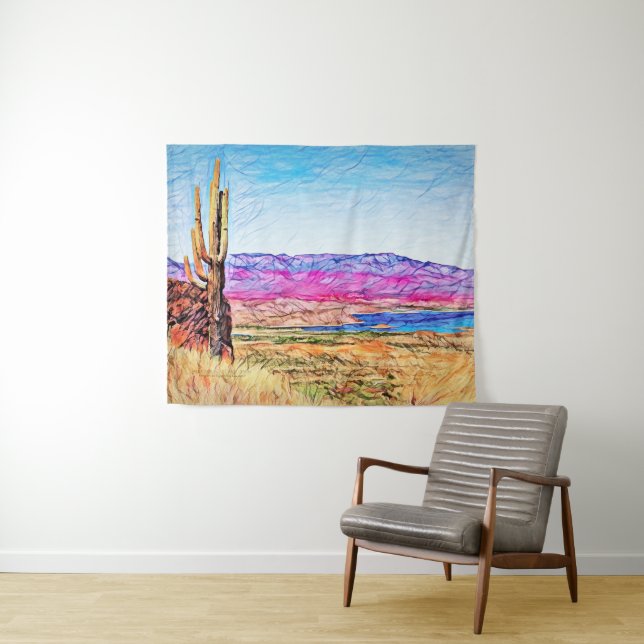 Saguaro Cactus Purple Mountians Blue Lake Arizona  Tapestry (In Situ (Horizontal))