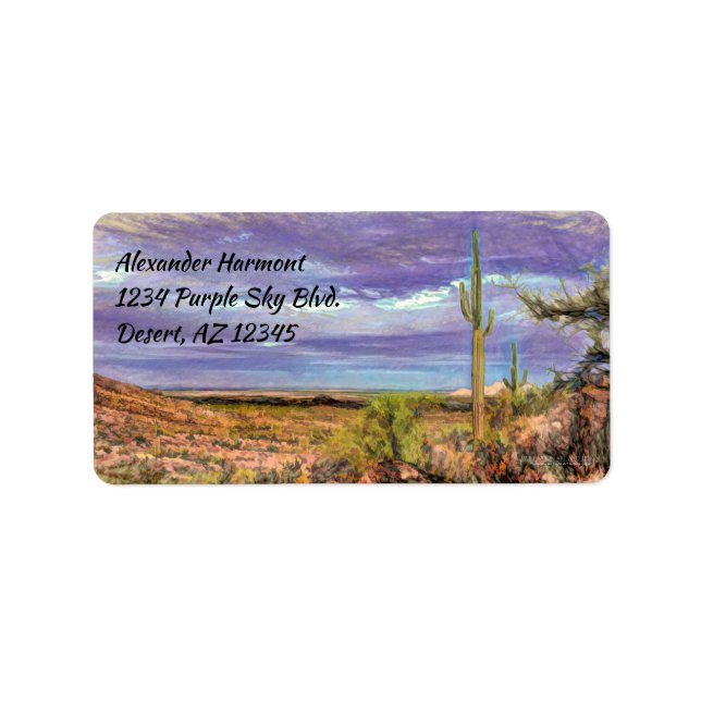 Saguaro Cactus Purple Sky Arizona Desert View Label (Front)