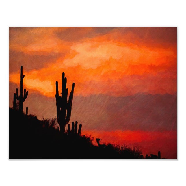Saguaro Cactus Silhouette Arizona Red Sunset Photo Print (Front)