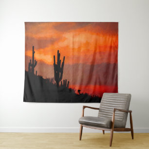 Saguaro Cactus Silhouette Arizona Red Sunset Tapestry