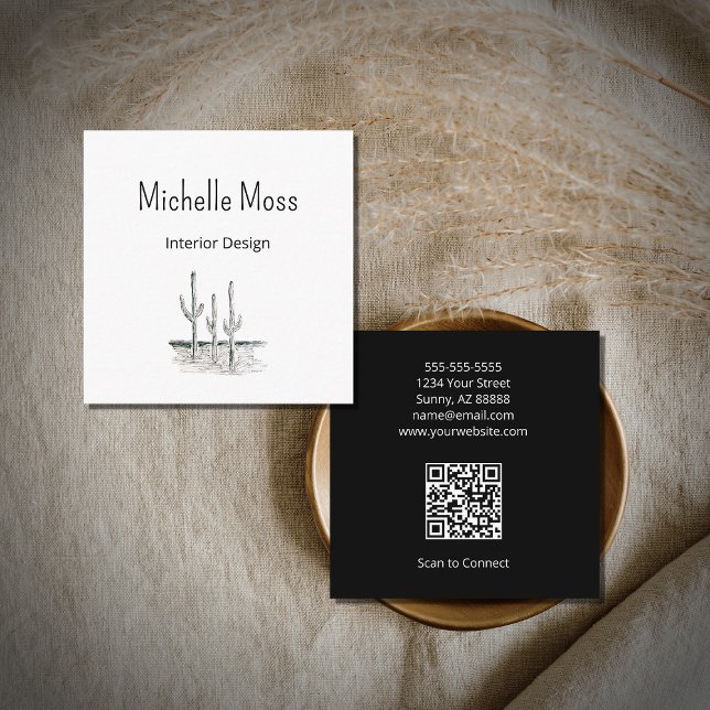 Saguaro Cactus Simple Desert QR code  Square Business Card (Creator Uploaded)