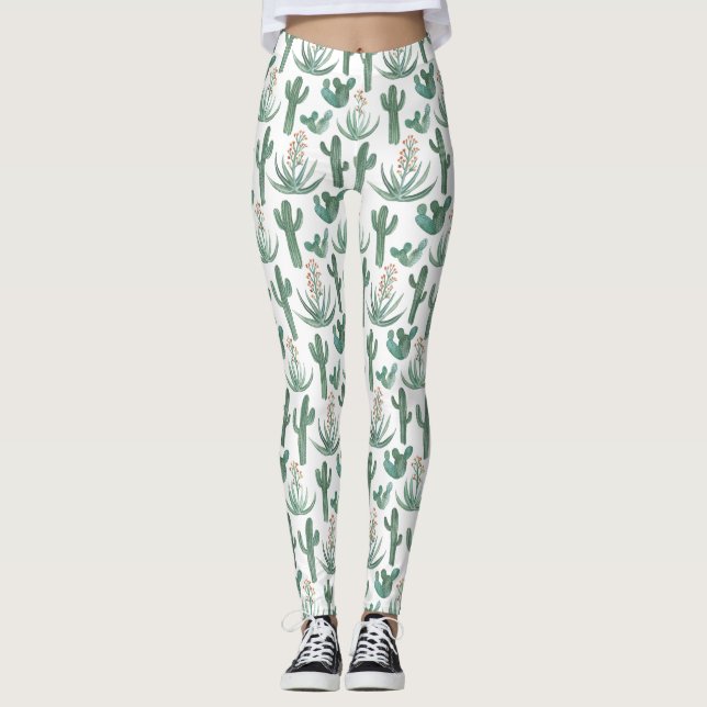 Saguaro Cactus Succulents Desert Watercolor Leggings (Front)