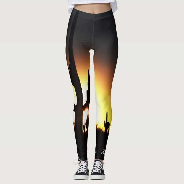 Saguaro Cactus, Sunset Sun Star, Personalised Name Leggings (Front)