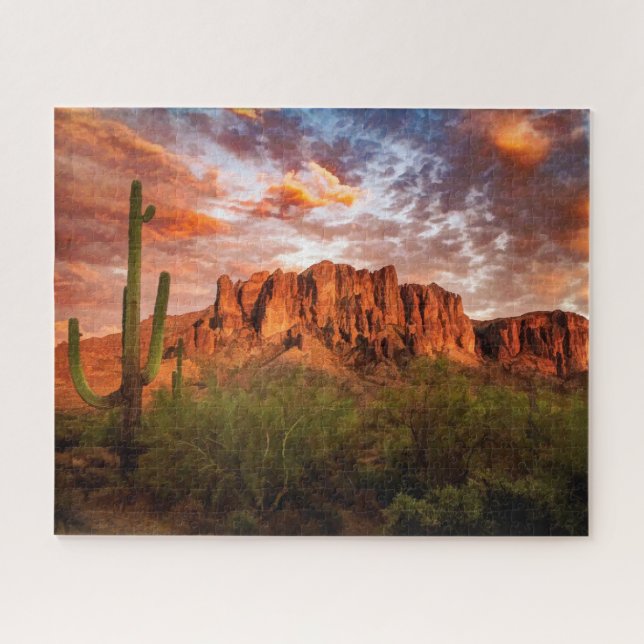 Saguaro Cactus Superstition Mountain Sunset Art Jigsaw Puzzle (Horizontal)