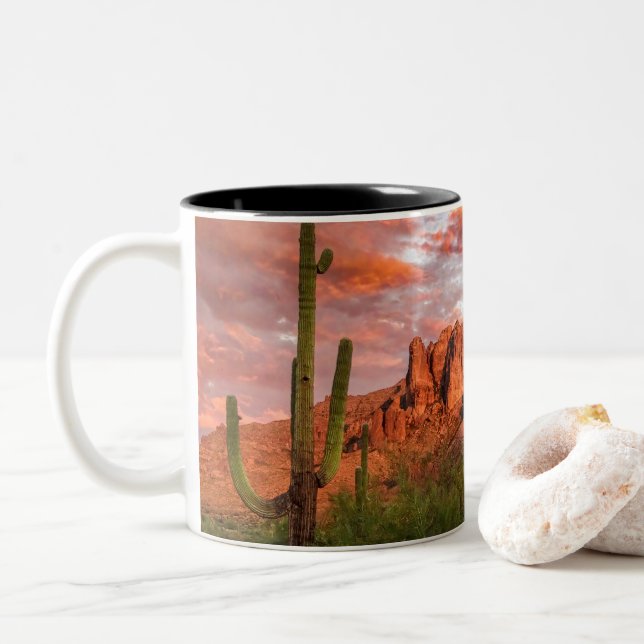Saguaro Cactus Superstition Mountain Sunset Art Two-Tone Coffee Mug (With Donut)