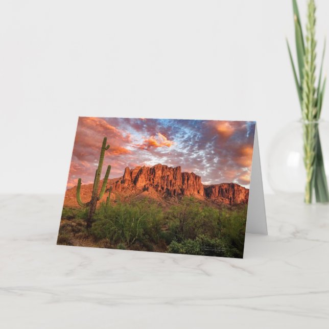Saguaro Cactus Superstition Mountain Sunset Clouds Card (Front)