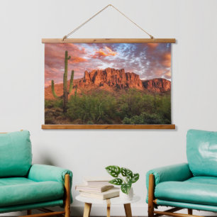 Saguaro Cactus Superstition Mountain Sunset Clouds Hanging Tapestry
