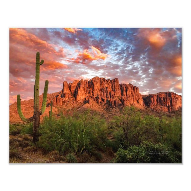 Saguaro Cactus Superstition Mountain Sunset Clouds Photo Print (Front)