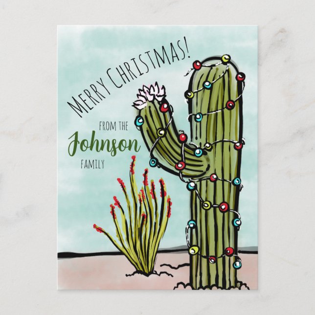 Saguaro Cactus with Christmas Lights Postcard (Front)