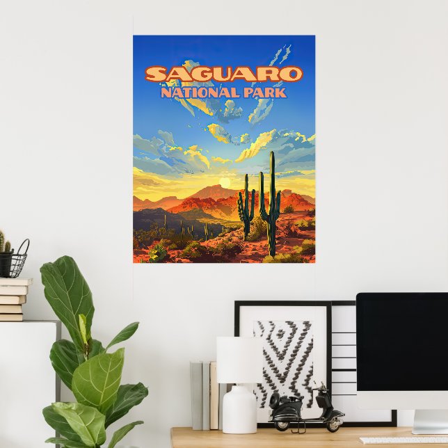 Saguaro National Park Arizona Desert Cactus Retro Poster (Home Office)