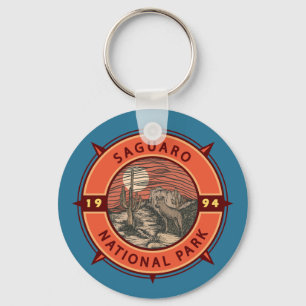 Saguaro National Park Coyote Retro Compass Emblem Key Ring