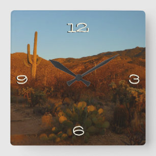Saguaro Sunset I Arizona Desert Landscape Square Wall Clock