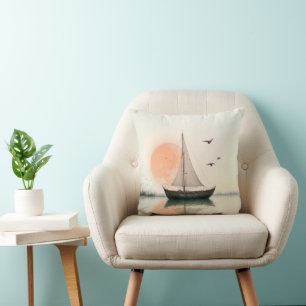 Saiboat Sunset With Seagulls Cushion