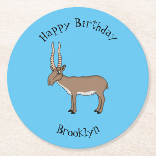 Saiga antelope cartoon illustration round paper coaster