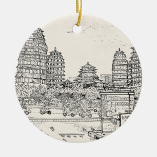 Saigon Pagoda Vietnam Cityscape Pen Ink Drawing Ceramic Ornament