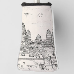 Saigon Pagoda Vietnam Cityscape Pen Ink Drawing Golf Head Cover