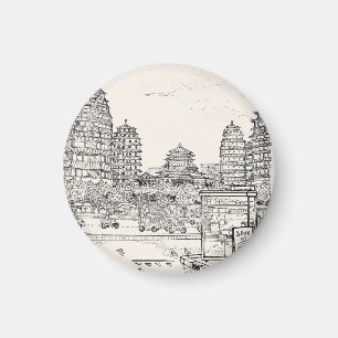 Saigon Pagoda Vietnam Cityscape Pen Ink Drawing Magnet