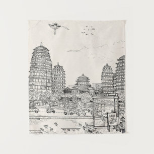 Saigon Pagoda Vietnam Cityscape Pen Ink Drawing Tapestry