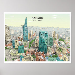Saigon Vietnam Sketch Art Vintage Travel Poster
