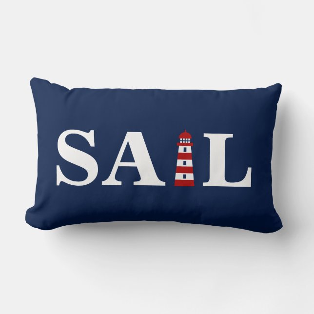 Sail and Lighthouse - Blue, White, Red - Nautical Lumbar Cushion (Front)