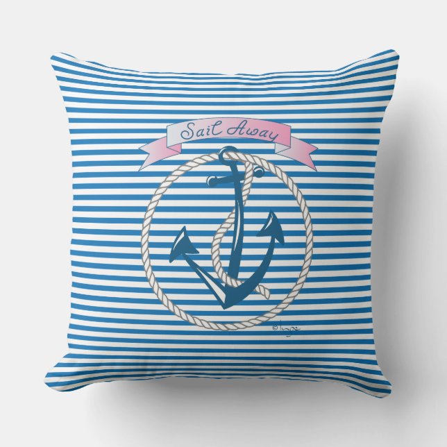 "Sail Away" Anchor, white Rope and blue Stripes Cushion (Front)