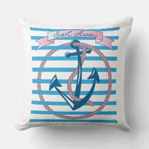 "Sail Away" Anchor with Pink Rope and blue stripes Cushion