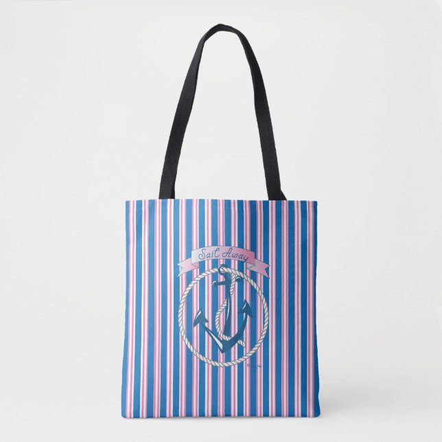 "Sail Away", Nautical Anchor Blue Stripes Pattern Tote Bag (Front)