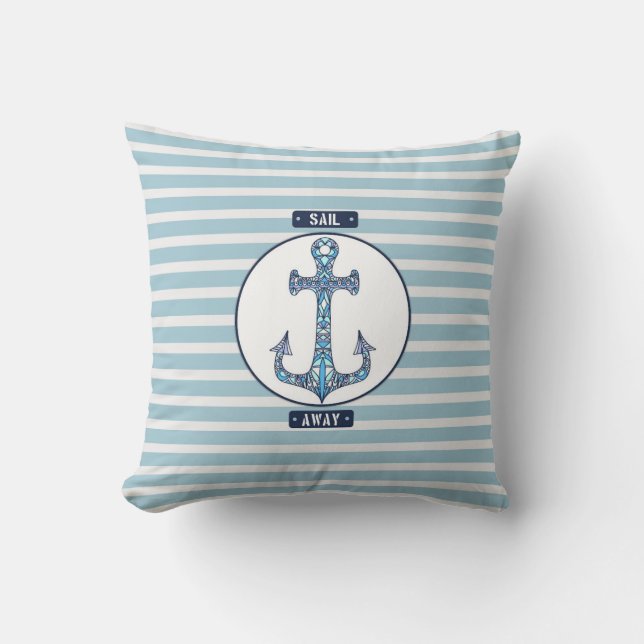Sail Away Nautical Anchor – Coastal Blue Stripes Cushion (Front)