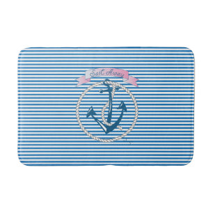 "Sail Away" Nautical Anchor, Rope, Stripes,Modern Bath Mat