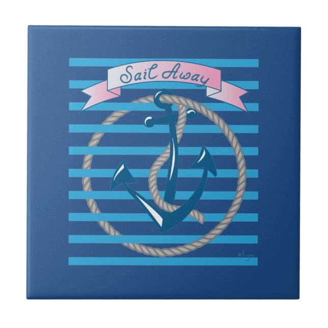 Sail Away Nautical Anchor with blue stripes Ceramic Tile (Front)