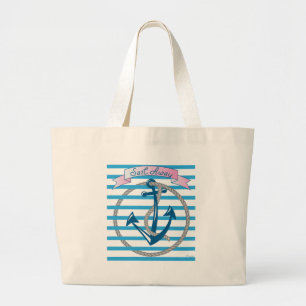 Sail Away Nautical Anchor with blue stripes Large Tote Bag