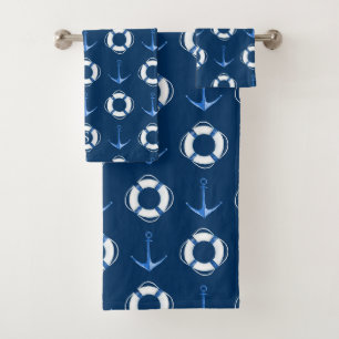 Sail Away Navy Boat Anchor + Life Ring Monogram Bath Towel Set