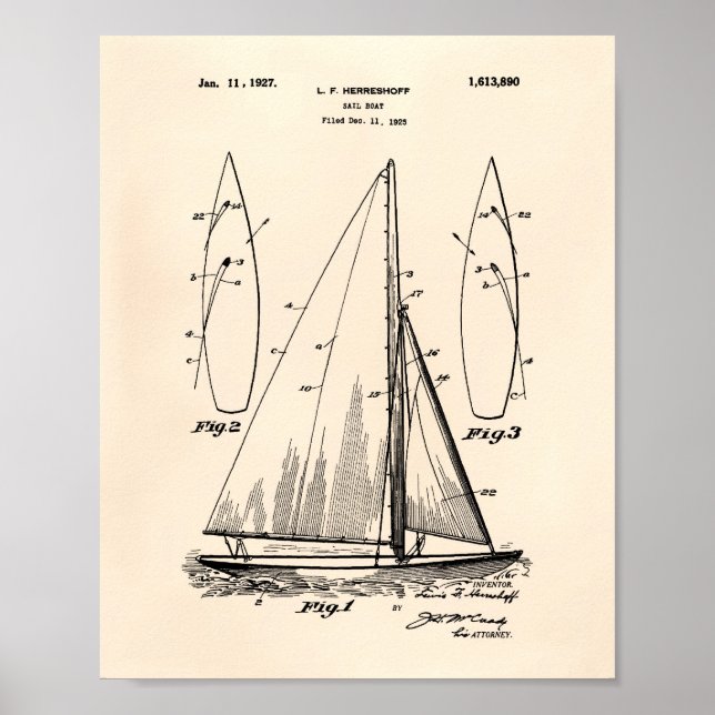 Sail Boat 1927 Patent Art Old Peper Poster (Front)