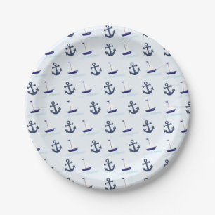 Sail Boat and Anchor Pattern Blue Paper Plate