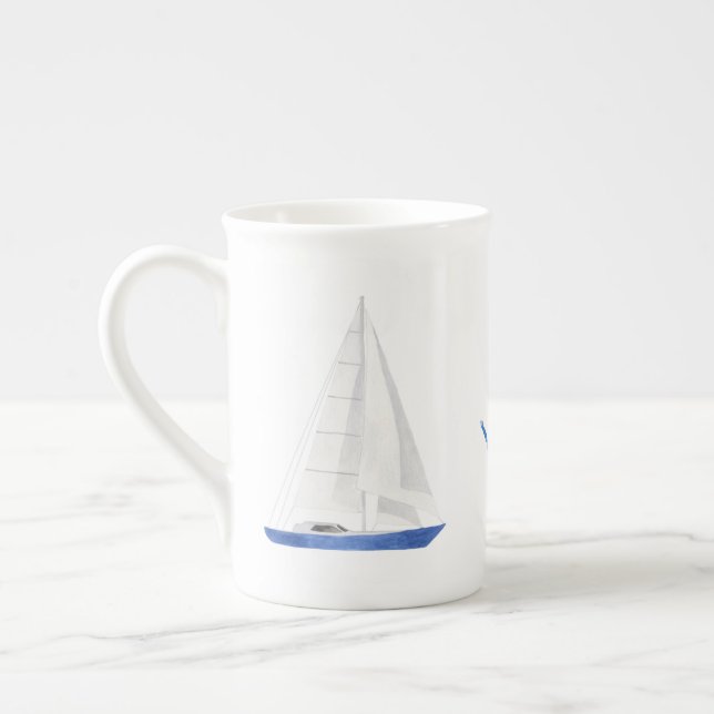 Sail Boat and Blue Anchor Nautical Bone China Mug (Left)