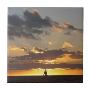Sail boat at sunset ceramic tile