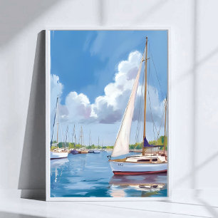 Sail Boat Bay Coastal Watercolor Painting Poster