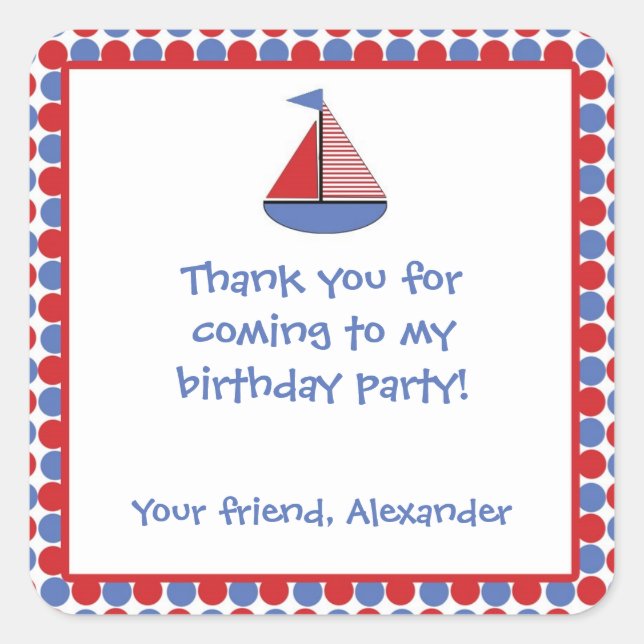 Sail Boat Birthday Party Favour Sticker Red Blue (Front)