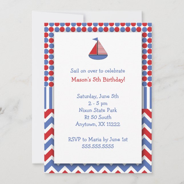 Sail Boat Birthday Party invite / red white blue (Front)