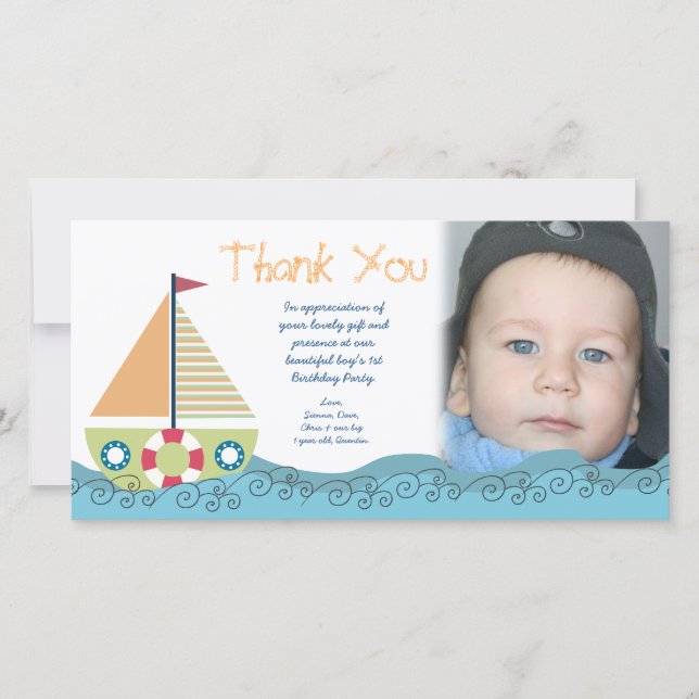 Sail Boat Boy's Birthday Party Thank You Photocard Card (Front)