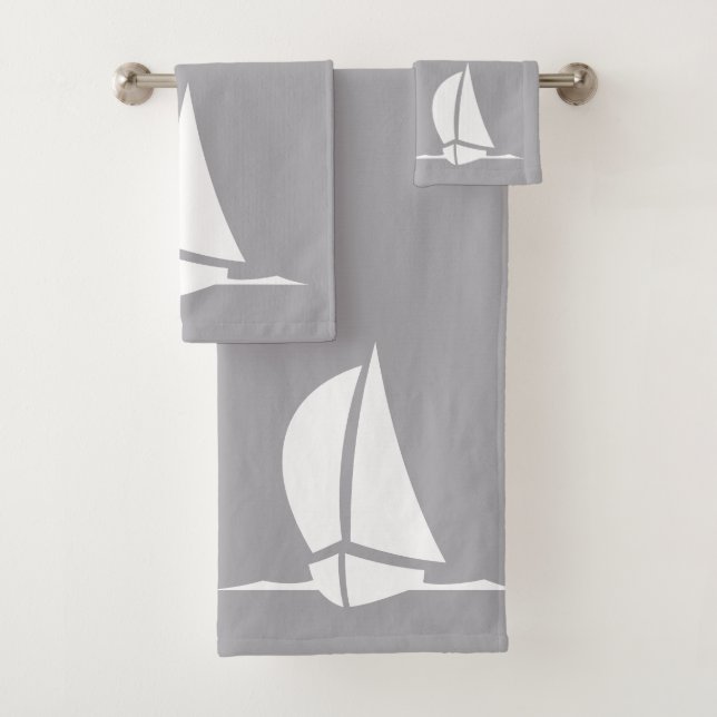 sail boat & compass -  silver colour bath towel se (Insitu)