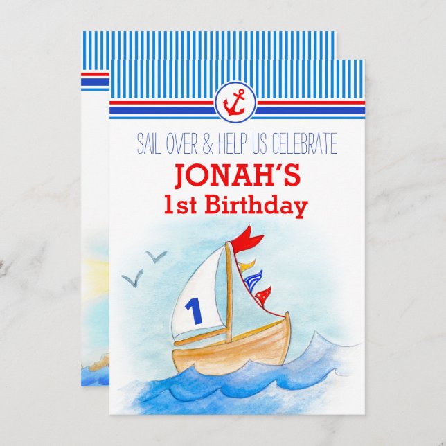 Sail boat nautical boys first birthday invite (Front/Back)