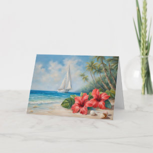 Sail Boat near Tropical Beach, Hibiscus Flowers  Card