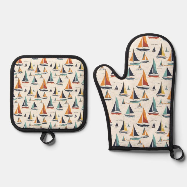 Sail Boat Sailing Oven Mitt & Pot Holder Set (Front)