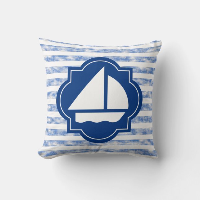 Sail Boat Silhouette With Nautical Blue Stripes Cushion (Front)